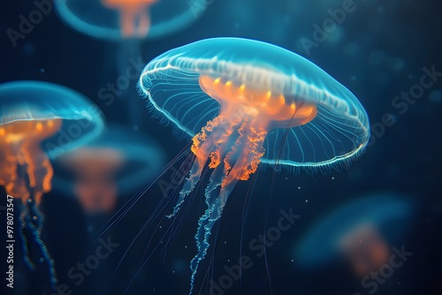 Glowing jellyfish float gracefully in deep blue water, illuminated by vibrant orange and purple hues, creating a mesmerizing underwater scene.