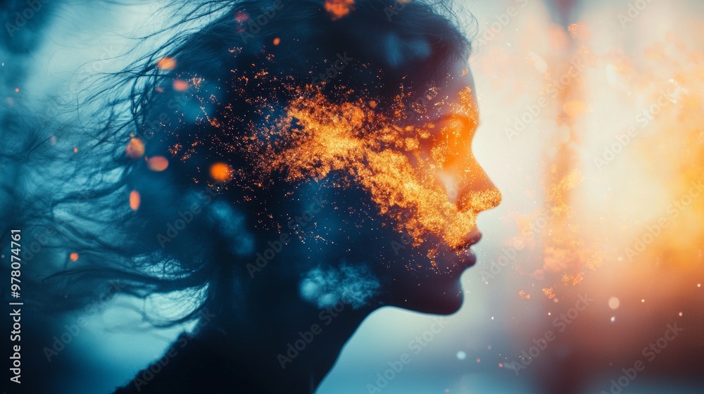 Creative abstract image of a woman's face blending with orange sparks