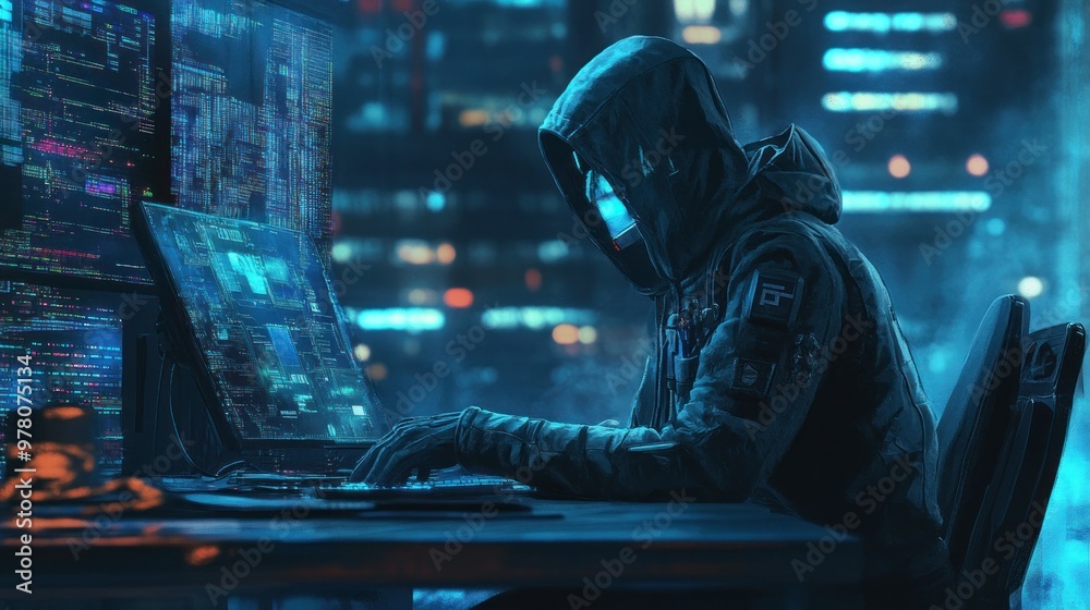 Hooded Figure Working on a Computer with Blue Digital Displays in a Cityscape at Night Hooded Figure Working on a Computer with Blue Digital Displays in a Cityscape at Night