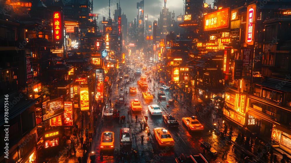 Fototapeta premium Futuristic Cityscape Illustration - Neon Lights and Rain