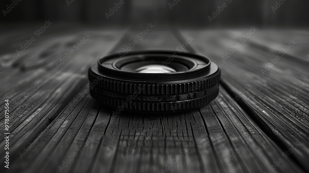 Close-up view of a camera lens resting on wooden surface Close-up view of a camera lens resting on wooden surface