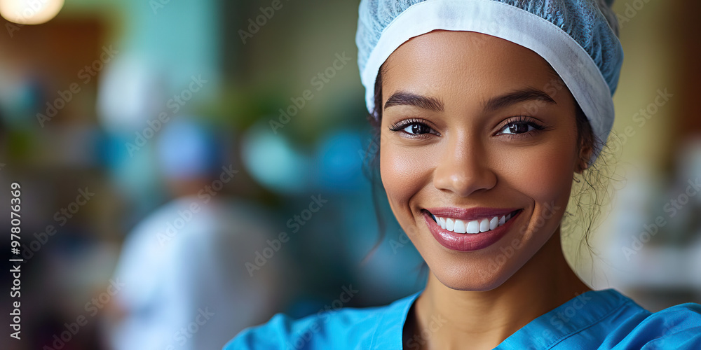 Soothing Healthcare Helper: A woman in a blue scrub top and white cap, offering a reassuring smile. Soothing Healthcare Helper: A woman in a blue scrub top and white cap, offering a reassuring smile.