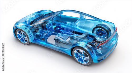 3D cutaway car model shows visible engine, internal structure, and components. AI generated