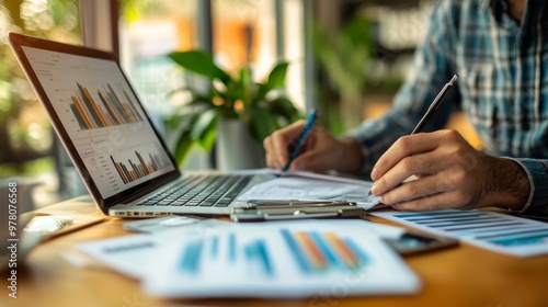 Person working on financial documents with laptop at a desk photo