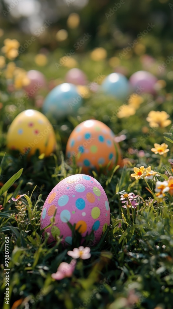 Easter egg hunt in a blooming spring garden Easter egg hunt in a blooming spring garden