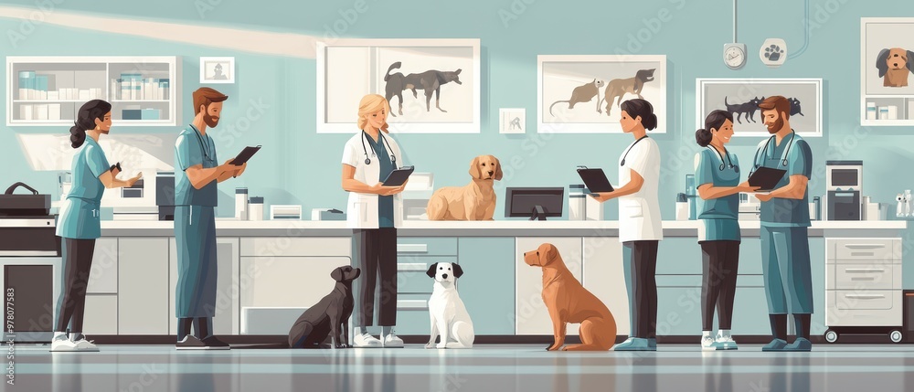 Obraz premium Busy veterinary clinic with staff tending to multiple animals