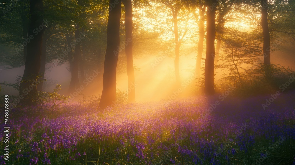 Naklejka premium Carpet of bluebells in a misty forest at dawn