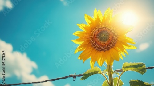 Sunflower face tracking the sun, with a blue sky background photo