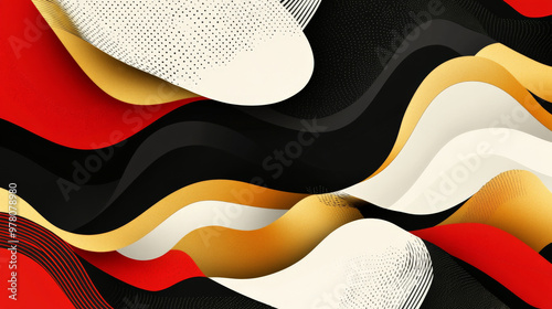 Wallpaper Mural A colorful abstract background featuring bold geometrical patterns in red, black, and gold, paired with smooth, flowing wavy lines for a high-energy look. Torontodigital.ca