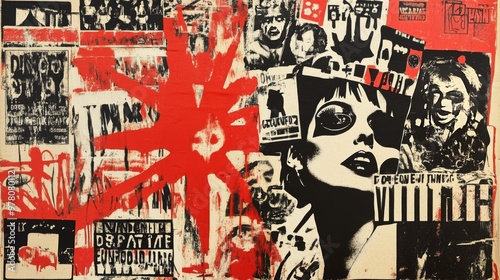 A red starburst graphic with black and white images of people and text on a white background.