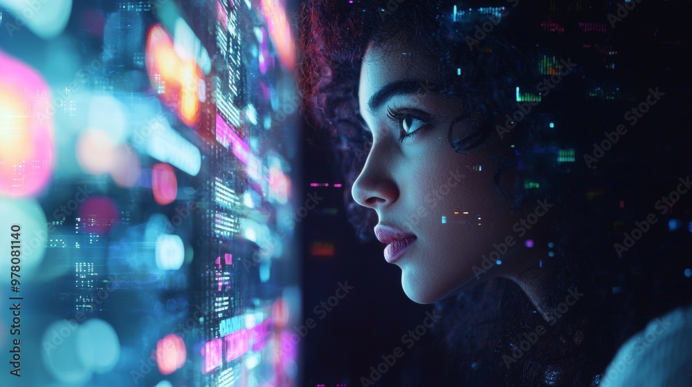 Focused young woman analyzing data on a futuristic screen Focused young woman analyzing data on a futuristic screen