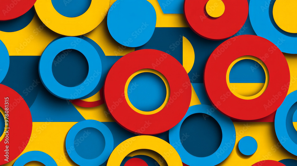 A flat geometric background featuring concentric circles and rectangles in bright primary colors A flat geometric background featuring concentric circles and rectangles in bright primary colors