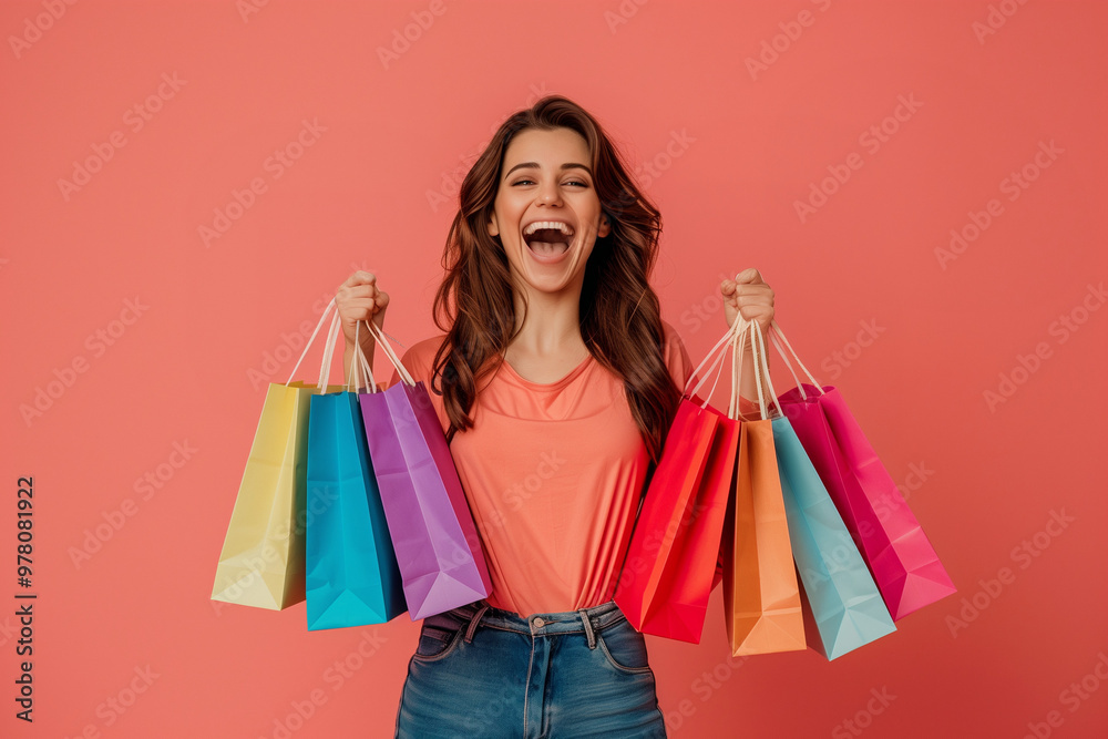 Woman With Many Shopping Bags on Black Friday Holding Purchases While Smiling and Celebrating Big Sales and Discounts Woman With Many Shopping Bags on Black Friday Holding Purchases While Smiling and Celebrating Big Sales and Discounts