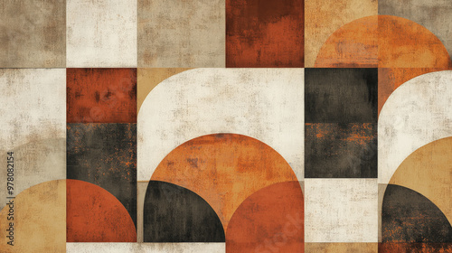 A flat geometric pattern featuring layered semicircles and squares in warm earth tones of brown, rust, and beige, creating a modern, structured composition.