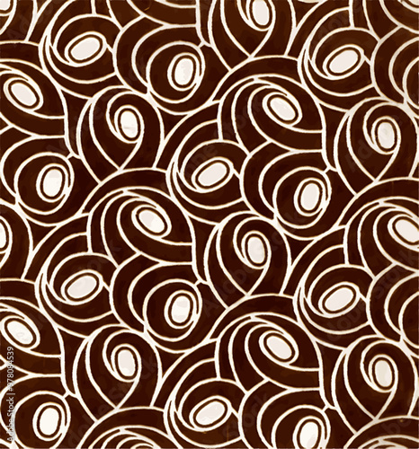 An abstract pattern of overlapping spiral and oval shapes in two colors, suitable for backgrounds, textures and design elements.