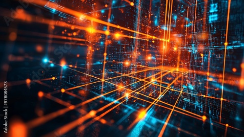 Wallpaper Mural Abstract orange and blue digital grid with glowing lines Torontodigital.ca