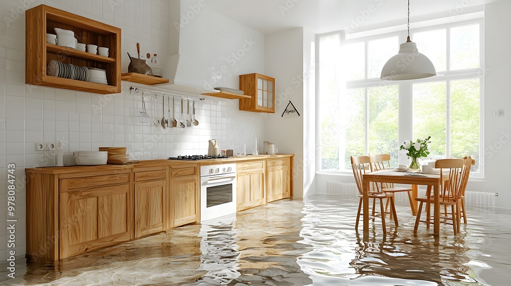 Kitchen with wooden cabinets submerged in water, swollen doors and damaged surfaces, detailed for home insurance claim documentation Kitchen with wooden cabinets submerged in water, swollen doors and damaged surfaces, detailed for home insurance claim documentation