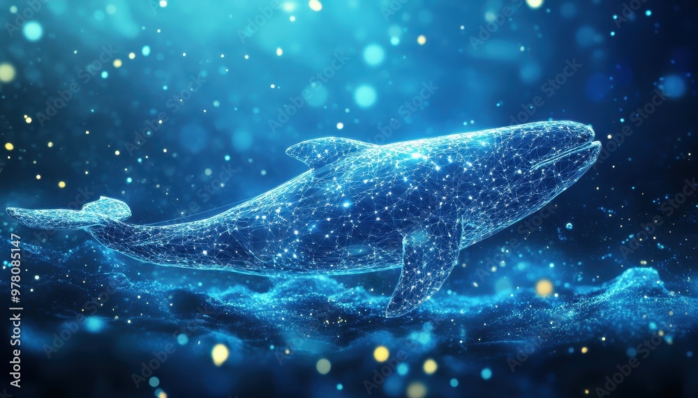 A Wireframe Whale Silhouette Swims Through a Field of Blue Light A Wireframe Whale Silhouette Swims Through a Field of Blue Light