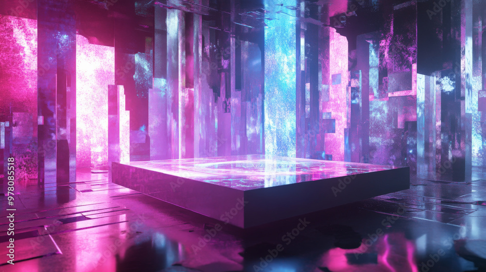 A high-tech display platform with a reflective surface, illuminated by soft pink and blue lights, surrounded by abstract, floating holographic shapes and patterns. A high-tech display platform with a reflective surface, illuminated by soft pink and blue lights, surrounded by abstract, floating holographic shapes and patterns.