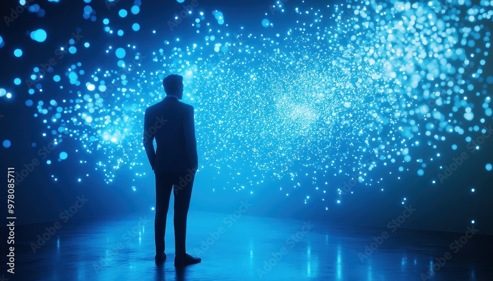 Fototapeta premium A Silhouetted Man Standing Before a Wall of Blue Glowing Particles