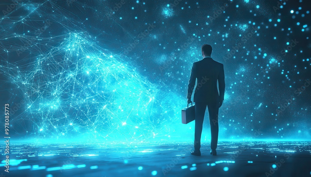 Businessman Standing Before a Digital Network in a Blue and Black Environment Businessman Standing Before a Digital Network in a Blue and Black Environment