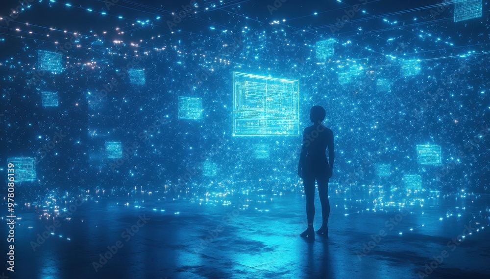 A Silhouette of a Woman Standing in a Futuristic Digital Space