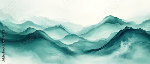 Abstract Watercolor Painting of Teal Mountains and Fog