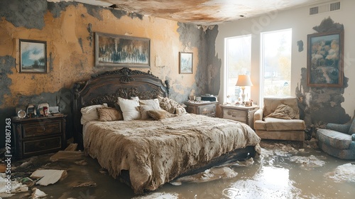 Flood-damaged bedroom interior, wet walls, discolored ceiling, and ruined furniture, perfect for illustrating insurance claims post-disaster photo