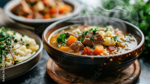 Soup bowl with vegetables and meat on the table