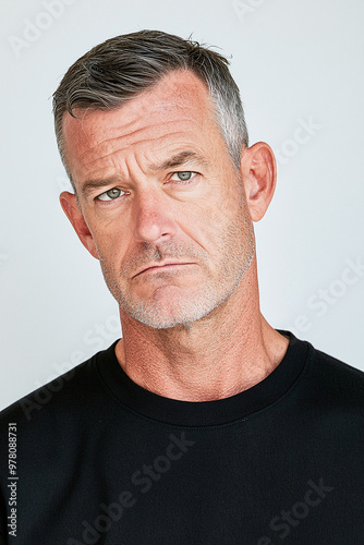 a middle-aged Caucasian man showing an annoyed expression, set against a plain white background