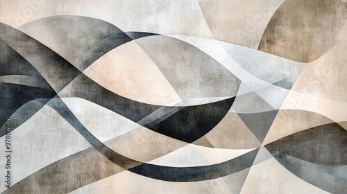 Obraz na płótnie A modern abstract surface featuring sharp geometric lines in muted beige and gray, with fluid wavy lines creating a balanced, harmonious composition. w salonie