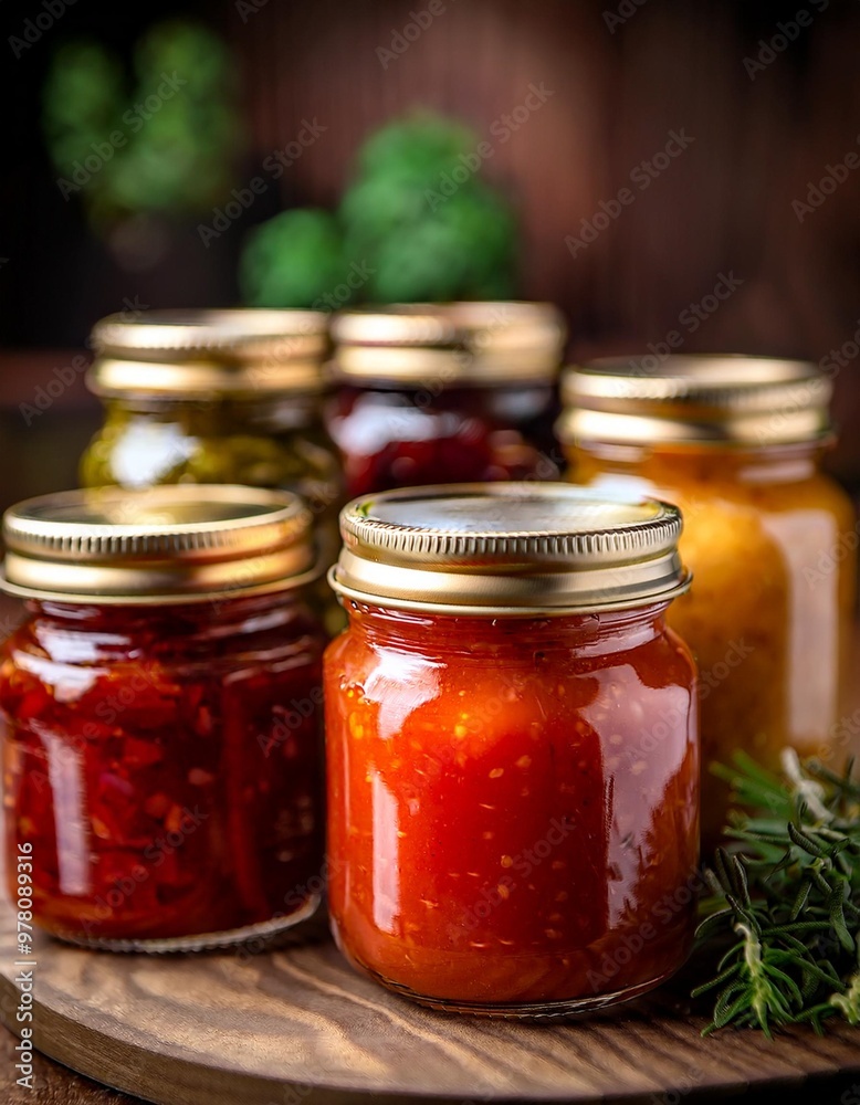 Rustic condiment jars with depth of field showcasing homemade relishes and chutneys Rustic condiment jars with depth of field showcasing homemade relishes and chutneys