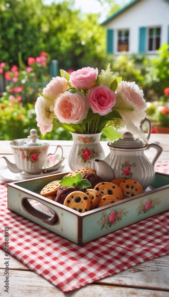 Cookies auf einem Tisch im Garten Cookies auf einem Tisch im Garten