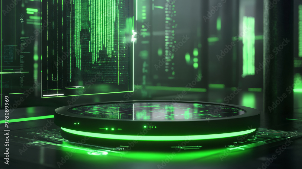 A modern display pedestal with a glowing green base and transparent surface, set in a digital environment with floating data streams and holographic shapes. A modern display pedestal with a glowing green base and transparent surface, set in a digital environment with floating data streams and holographic shapes.