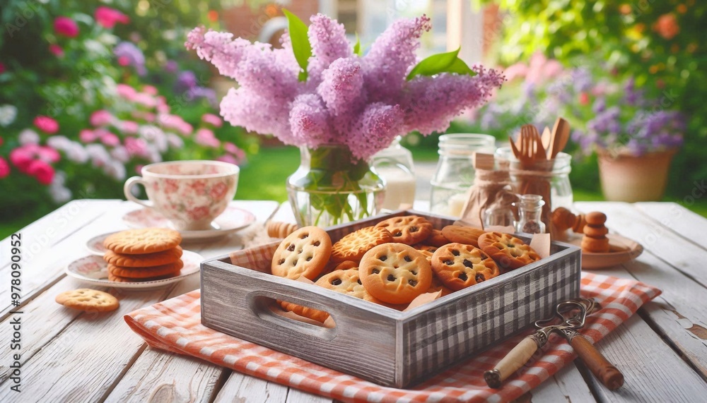 Cookies auf einem Tisch im Garten Cookies auf einem Tisch im Garten