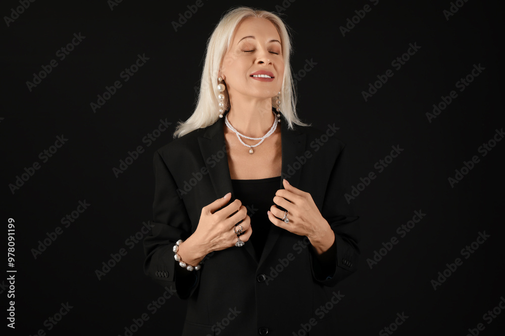 Φωτογραφία Fashionable mature woman in beautiful jewelry on black background