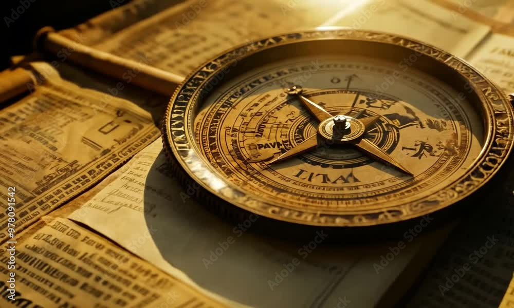 A compass made in ancient times with beautiful carvings, resting on a weathered wooden table, bathed in golden sunlight A compass made in ancient times with beautiful carvings, resting on a weathered wooden table, bathed in golden sunlight