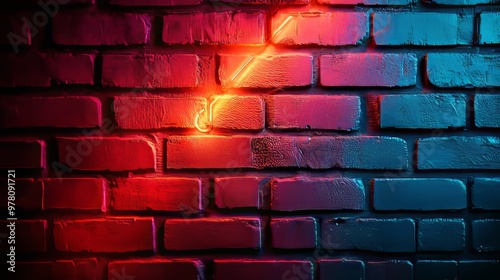 Urban street art on a brick wall, abstract design with neon accents, gritty and irregular brick texture, soft light