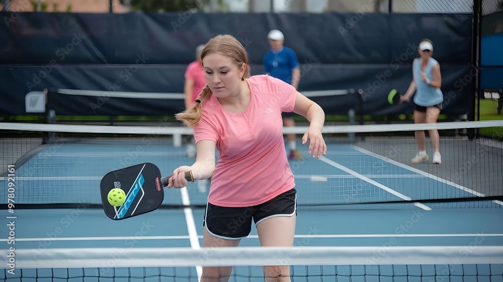 A young woman playing pickleball at a pickleball court. She is wearing a pink shirt and black shorts. She is hitting the ball with a small paddle. The background contains other players and a net. A young woman playing pickleball at a pickleball court. She is wearing a pink shirt and black shorts. She is hitting the ball with a small paddle. The background contains other players and a net.