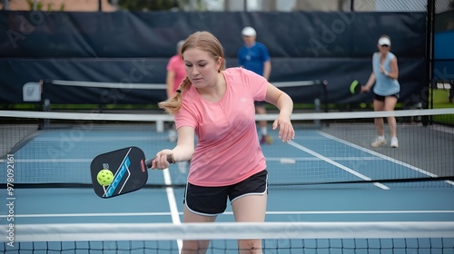 A young woman playing pickleball at a pickleball court. She is wearing a pink shirt and black shorts. She is hitting the ball with a small paddle. The background contains other players and a net.