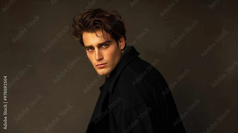 Young man posing in a stylish coat against a dark backdrop Young man posing in a stylish coat against a dark backdrop