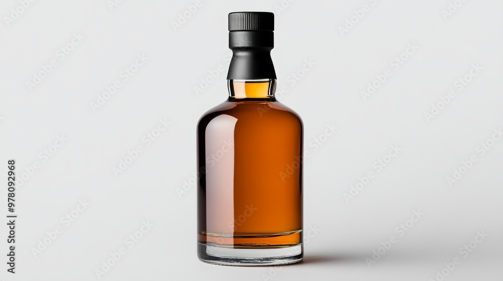 A bottle of bourbon whiskey isolated. Bottle of simple alcoholic distillate of cereals with caramel flavor isolated on gray background. A bottle of bourbon whiskey isolated. Bottle of simple alcoholic distillate of cereals with caramel flavor isolated on gray background.