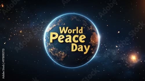 the inscription "World Peace Day" on the background of the planet Earth, postcard, holiday, International Day of Peace, pacifism, no war, lettering, peacetime, peaceful, September 21