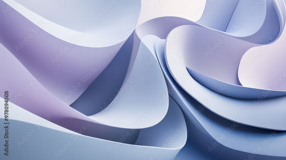 Fototapeta premium A sleek abstract surface with dynamic geometric shapes in soft lavender and pastel blue, paired with fluid wavy lines for a modern, stylish design.