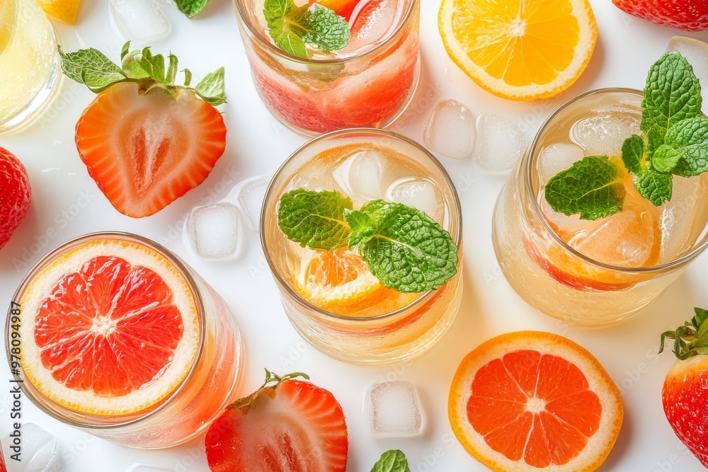 Fresh citrus drinks garnished with mint leaves and orange slices arranged on a bright surface evoking a refreshing and vibrant summer atmosphere for beverage and party concepts Fresh citrus drinks garnished with mint leaves and orange slices arranged on a bright surface evoking a refreshing and vibrant summer atmosphere for beverage and party concepts