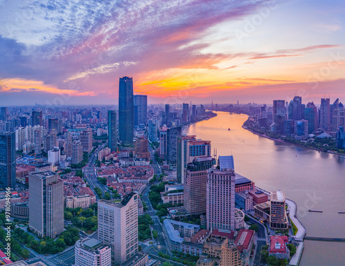 Fototapeta Naklejka Na Ścianę i Meble -  Aerial view of modern city skyline and buildings at sunrise in Shanghai
