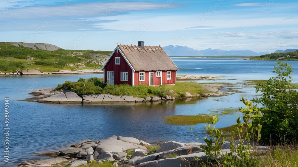 A Scandinavian landscape with an old red house on the shore of clean waters. The house has a thatched roof and is surrounded by beautiful nature, with rocks and greenery. A Scandinavian landscape with an old red house on the shore of clean waters. The house has a thatched roof and is surrounded by beautiful nature, with rocks and greenery.