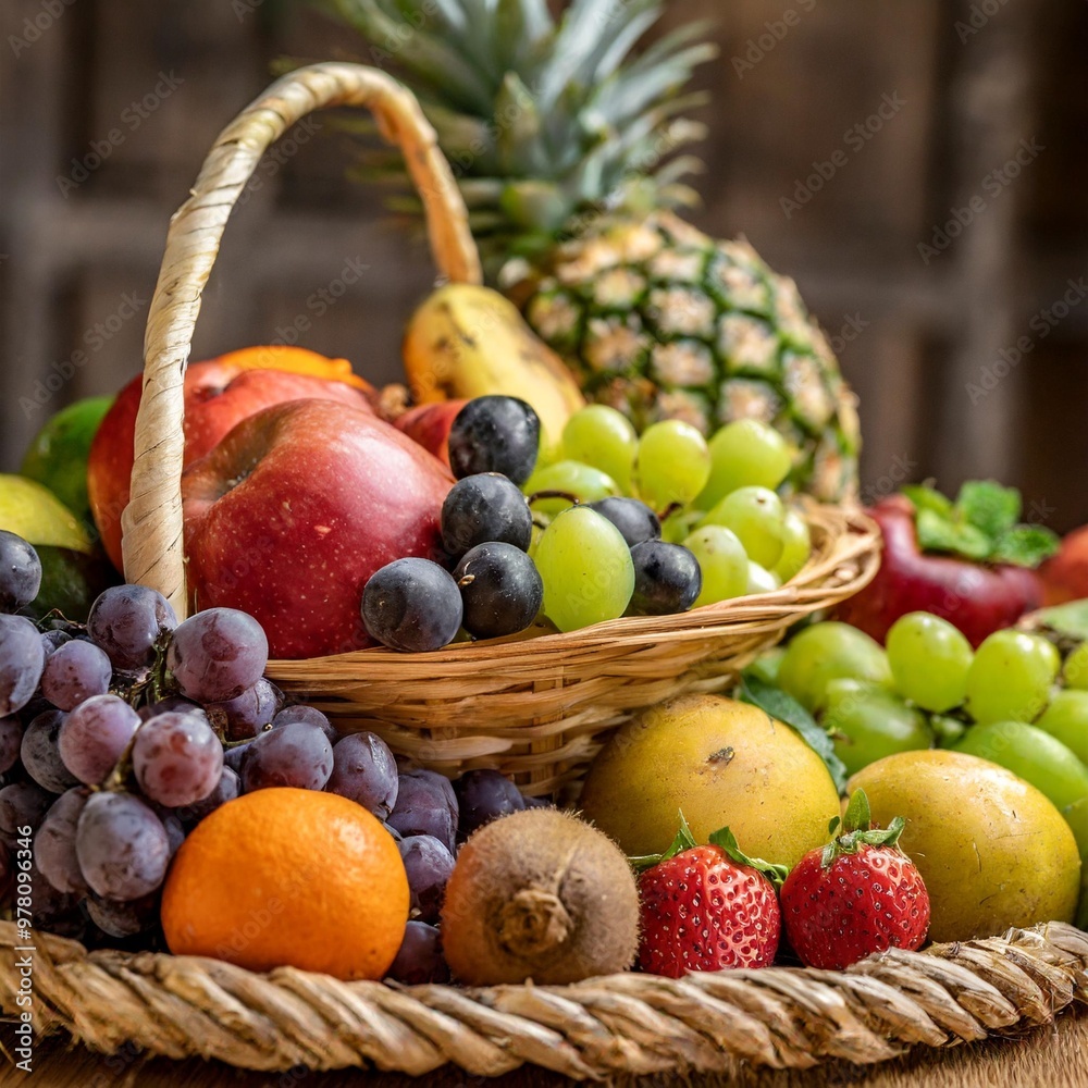 Rustic fruit baskets with depth of field featuring assorted fresh fruits and natural textures Rustic fruit baskets with depth of field featuring assorted fresh fruits and natural textures