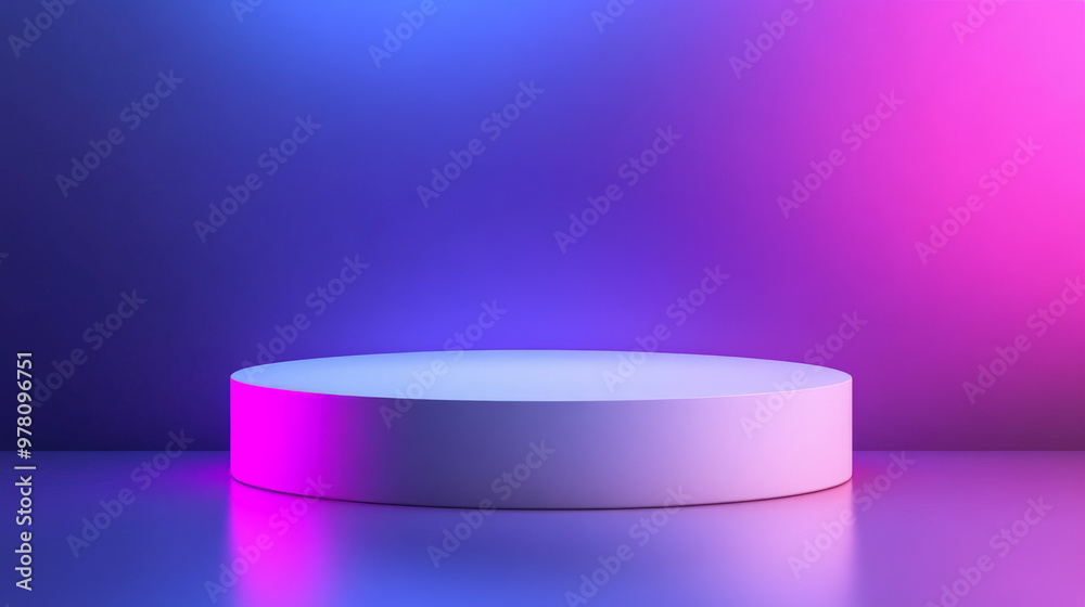 A smooth, glossy white podium illuminated by soft purple and pink lighting. The background transitions from deep purple to midnight blue, creating a soft yet dramatic contrast. A smooth, glossy white podium illuminated by soft purple and pink lighting. The background transitions from deep purple to midnight blue, creating a soft yet dramatic contrast.