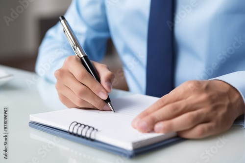A man in a blue shirt diligently writes notes in a notepad, focused on his task.